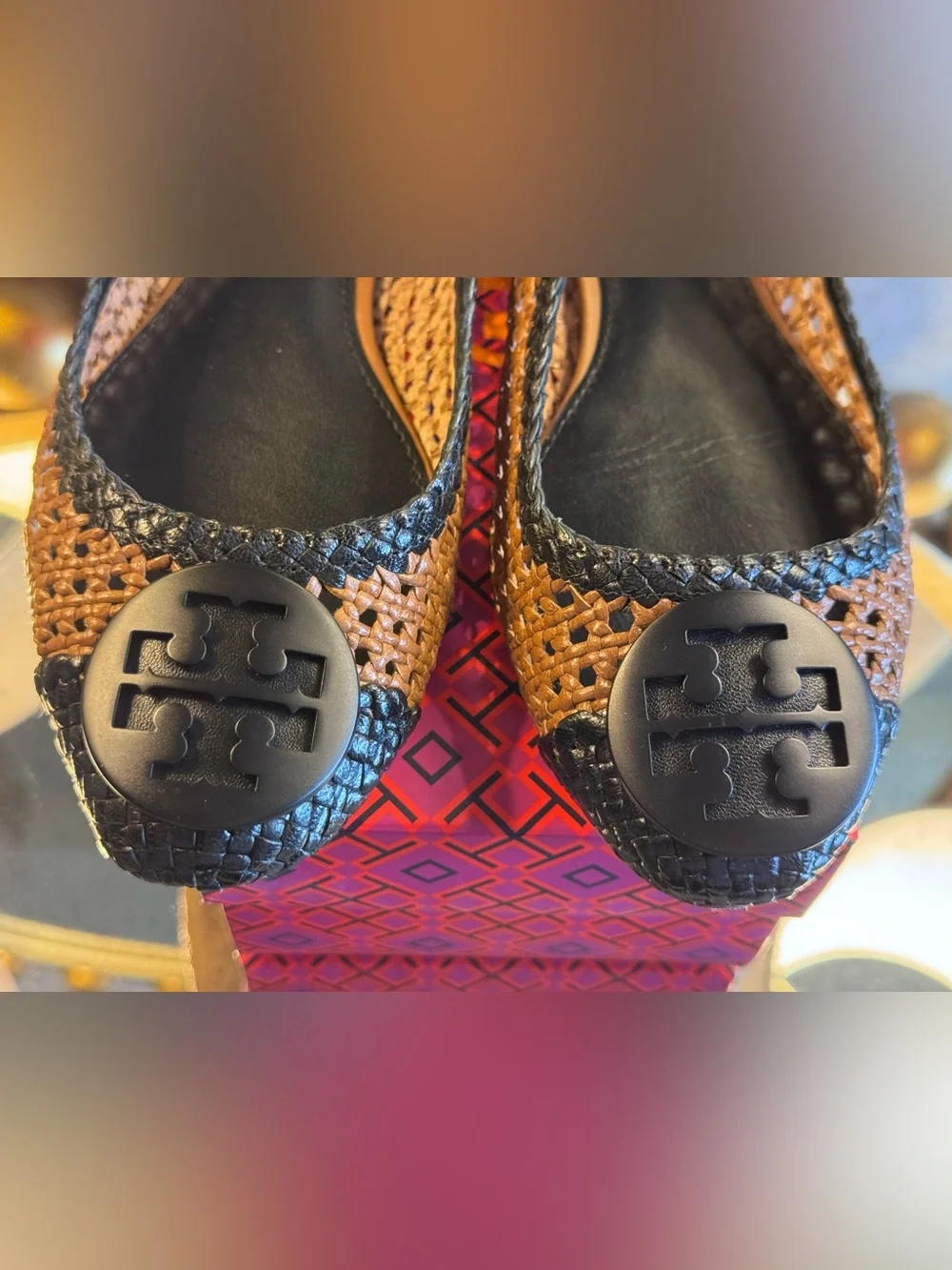 Tory Burch Tan and Black Woven Logo Ballet Flats - Size 9.5